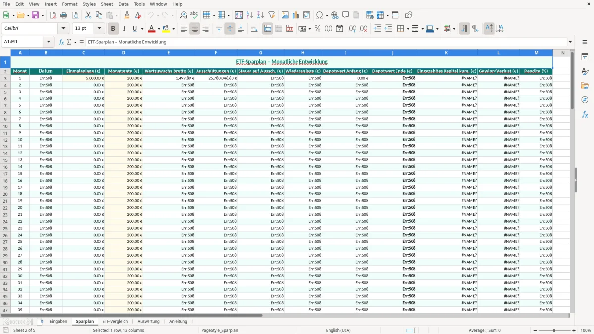 Captura de tela 2: Aba Sparplan - Planilha Excel etf sparplan rechner excel
