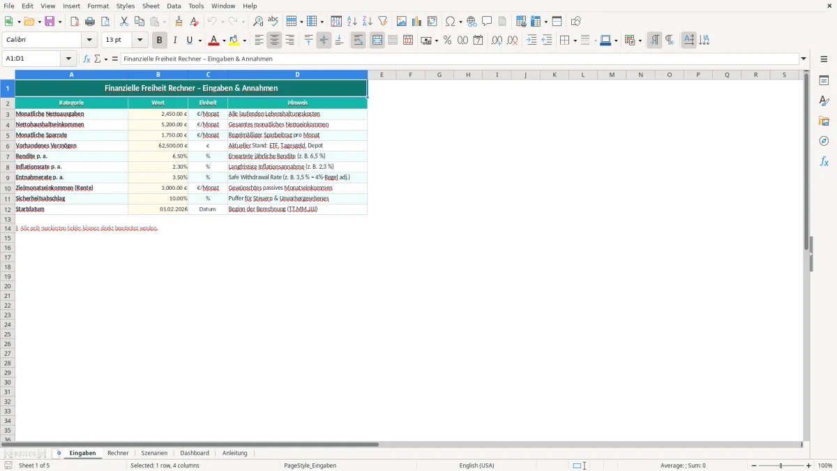 Captura de tela 1: Aba Eingaben - Planilha Excel finanzielle freiheit rechner excel