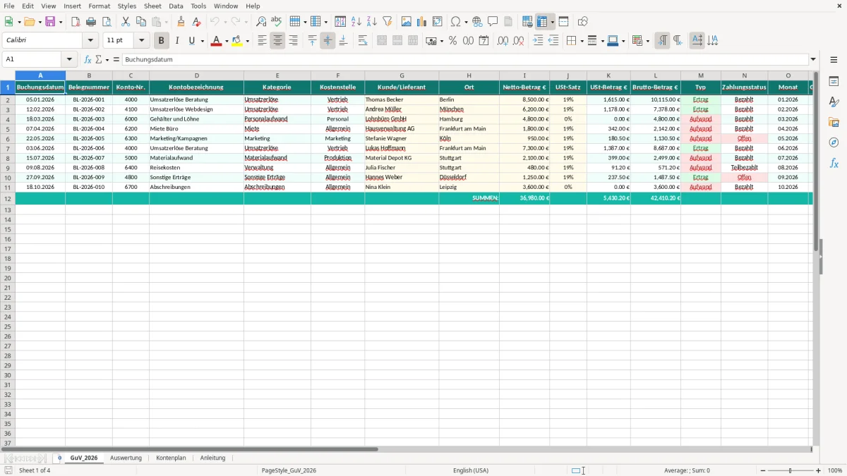 Captura de tela 1: Aba GuV_2026 - Planilha Excel gewinn verlust rechnung excel