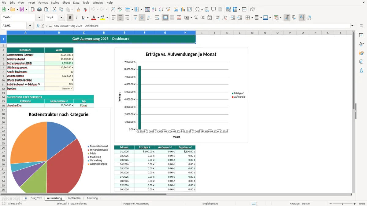 Captura de tela 2: Aba Auswertung - Planilha Excel gewinn verlust rechnung excel