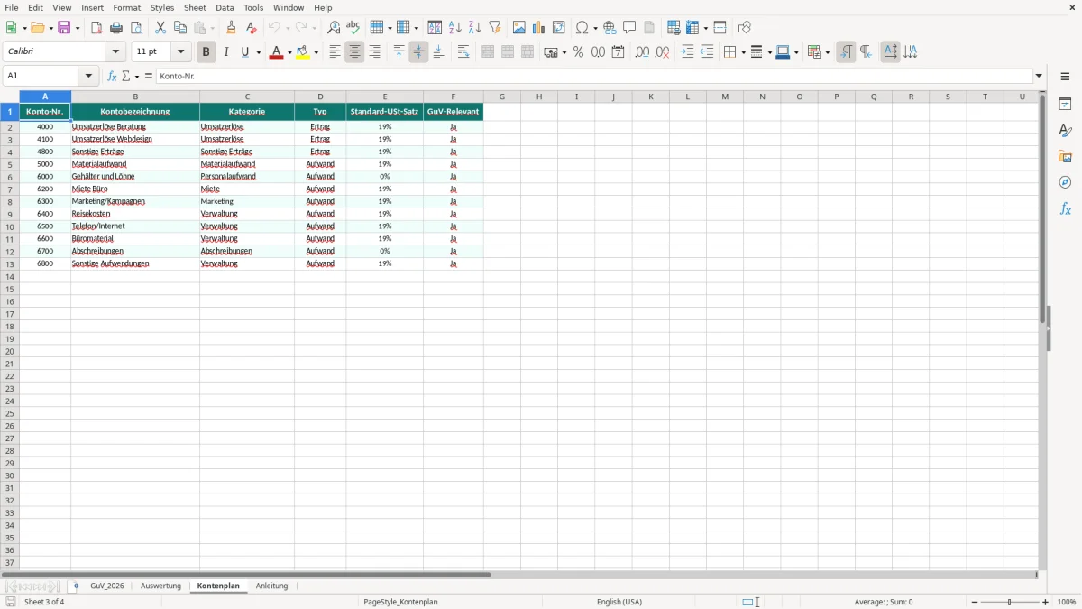 Captura de tela 3: Aba Kontenplan - Planilha Excel gewinn verlust rechnung excel