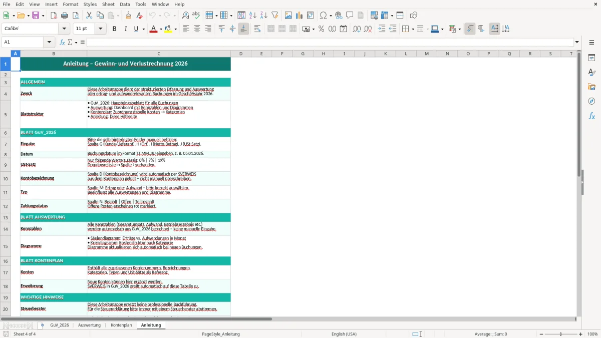 Captura de tela 4: Aba Anleitung - Planilha Excel gewinn verlust rechnung excel