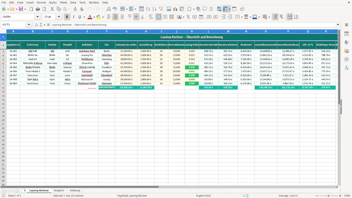 Captura de tela 1: Aba Leasing-Rechner - Planilha Excel leasing rechner excel