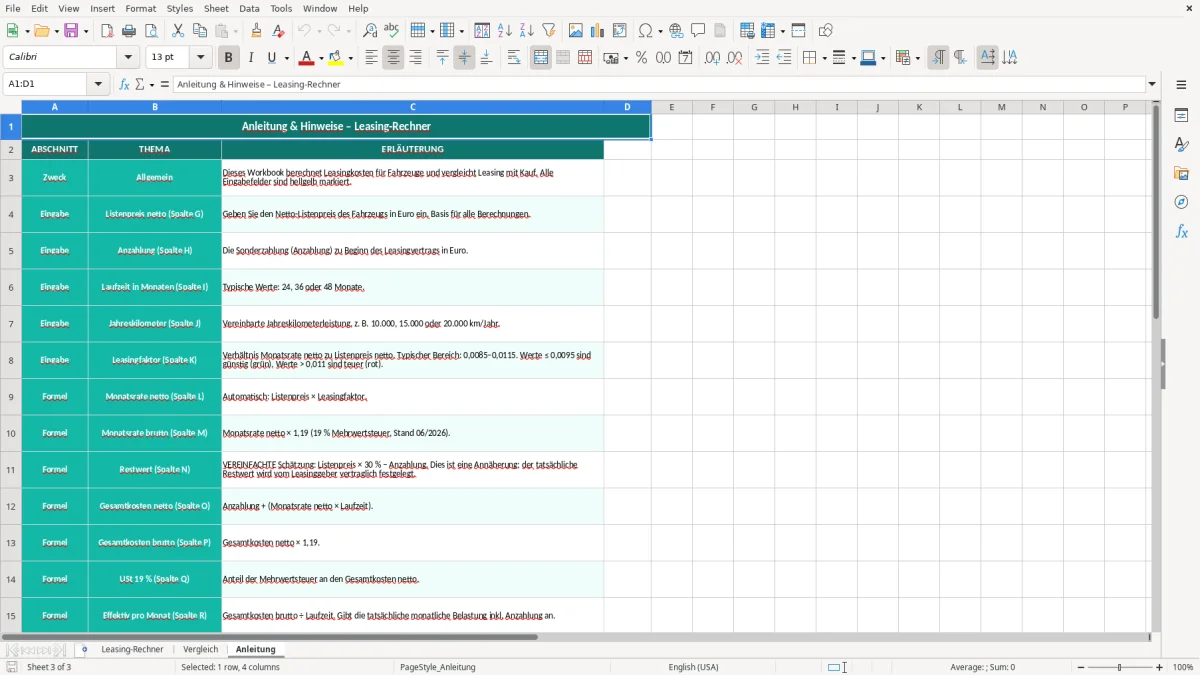 Captura de tela 3: Aba Anleitung - Planilha Excel leasing rechner excel
