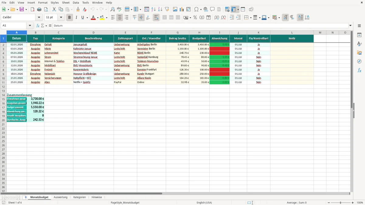 Captura de tela 1: Aba Monatsbudget - Planilha Excel monatsbudget excel vorlage