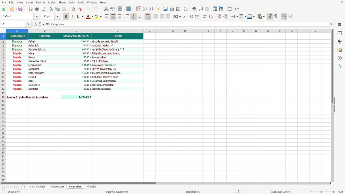 Captura de tela 3: Aba Kategorien - Planilha Excel monatsbudget excel vorlage