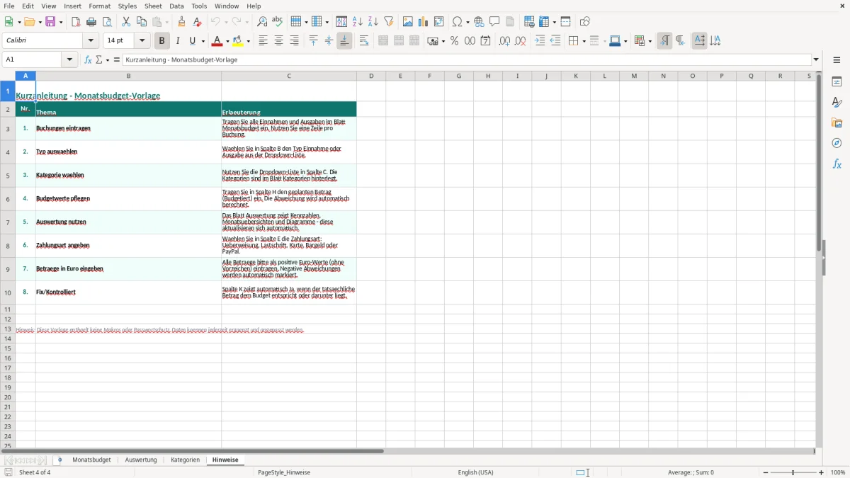 Captura de tela 4: Aba Hinweise - Planilha Excel monatsbudget excel vorlage