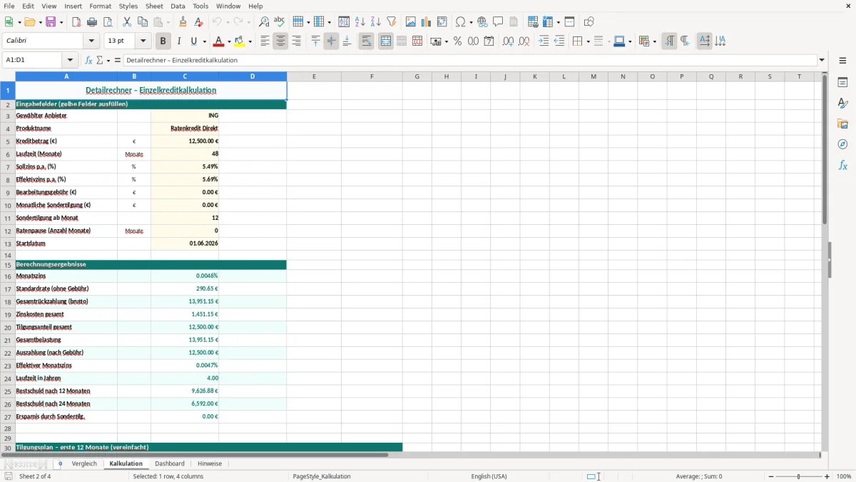 Captura de tela 2: Aba Kalkulation - Planilha Excel ratenkredit vergleich excel
