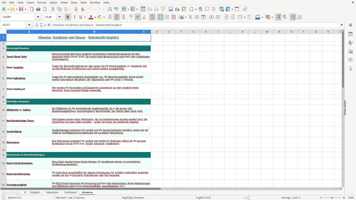 Captura de tela 4: Aba Hinweise - Planilha Excel ratenkredit vergleich excel