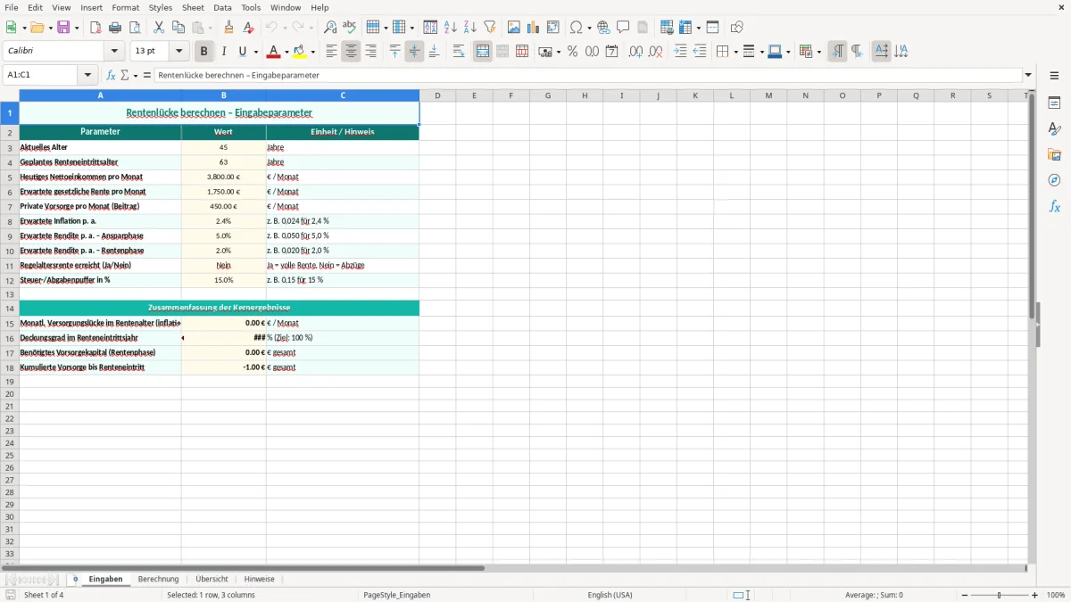 Captura de tela 1: Aba Eingaben - Planilha Excel rentenlücke berechnen excel