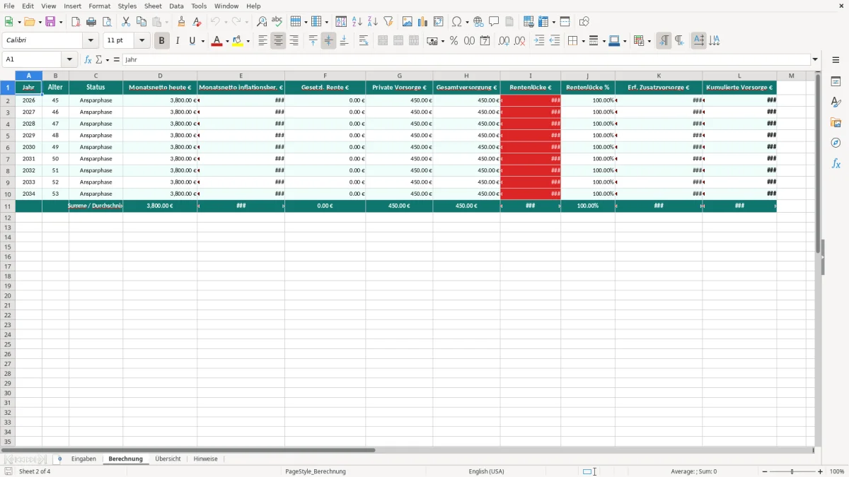 Captura de tela 2: Aba Berechnung - Planilha Excel rentenlücke berechnen excel