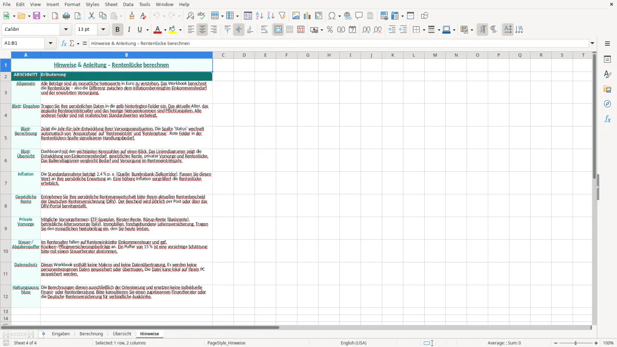 Captura de tela 4: Aba Hinweise - Planilha Excel rentenlücke berechnen excel