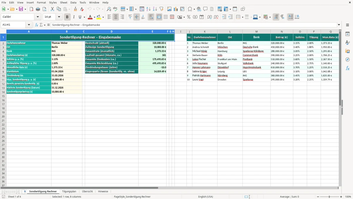 Captura de tela 1: Aba Sondertilgung Rechner - Planilha Excel sondertilgung rechner excel