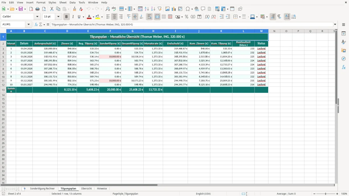 Captura de tela 2: Aba Tilgungsplan - Planilha Excel sondertilgung rechner excel
