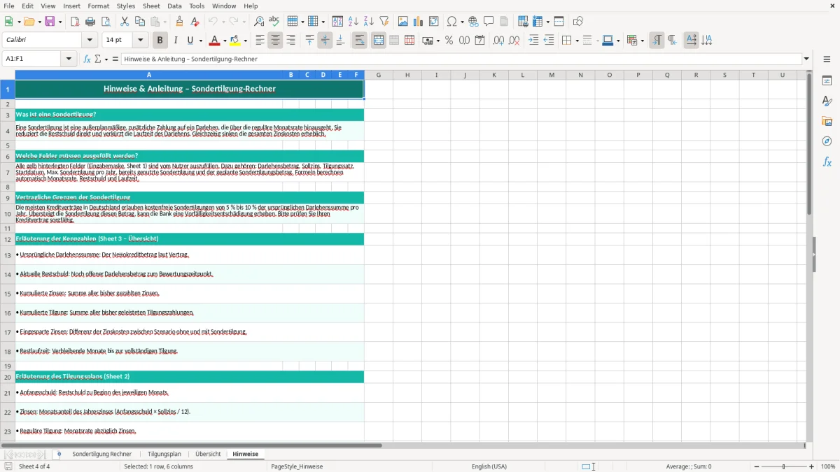 Captura de tela 4: Aba Hinweise - Planilha Excel sondertilgung rechner excel