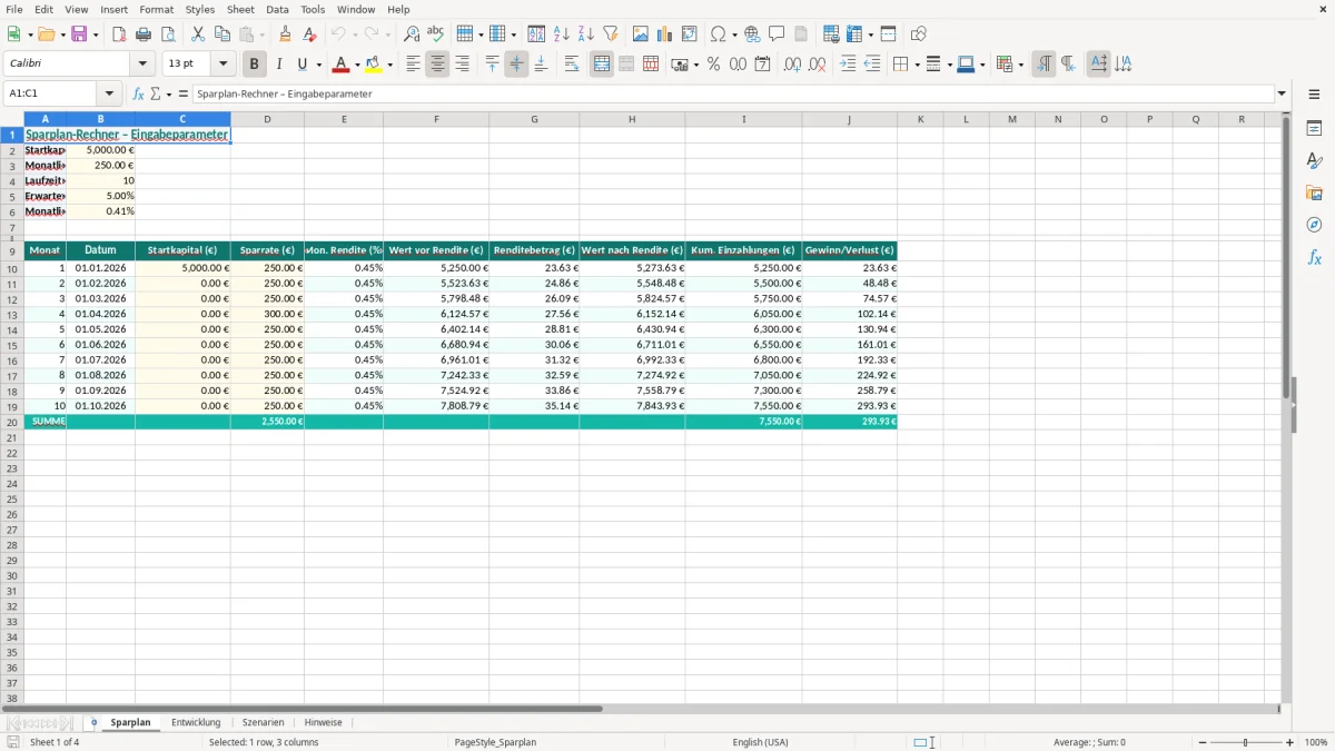 Captura de tela 1: Aba Sparplan - Planilha Excel sparplan rechner excel