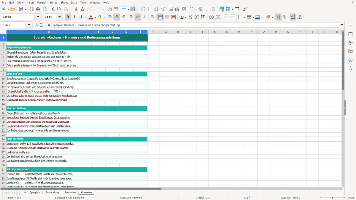 Captura de tela 4: Aba Hinweise - Planilha Excel sparplan rechner excel