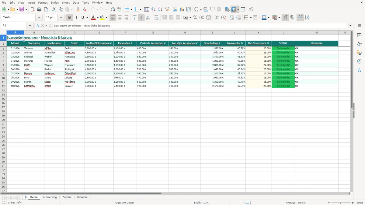 Captura de tela 1: Aba Daten - Planilha Excel sparquote berechnen excel