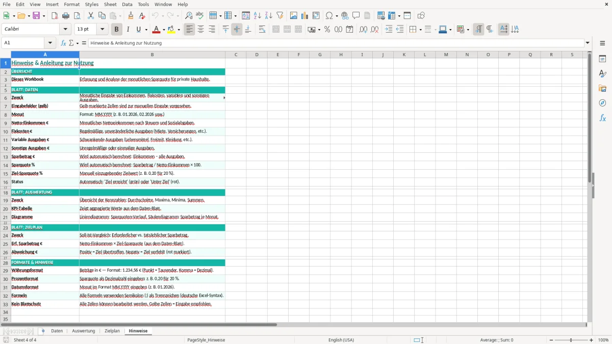 Captura de tela 4: Aba Hinweise - Planilha Excel sparquote berechnen excel