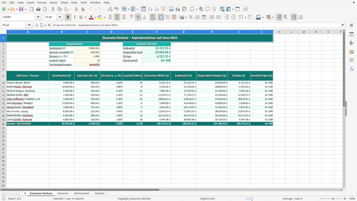 Captura de tela 1: Aba Zinseszins-Rechner - Planilha Excel zinseszins rechner excel