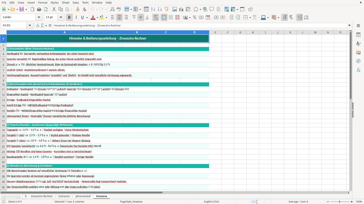 Captura de tela 4: Aba Hinweise - Planilha Excel zinseszins rechner excel