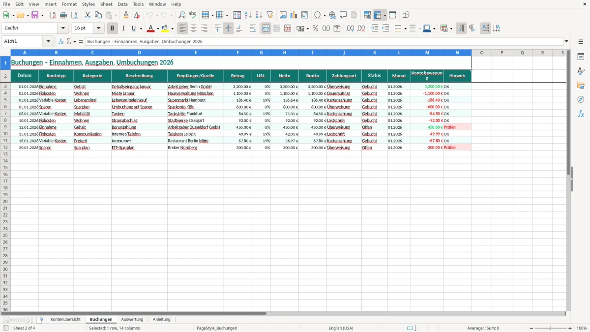 Captura de tela 2: Aba Buchungen - Planilha Excel 3 konten modell excel vorlage