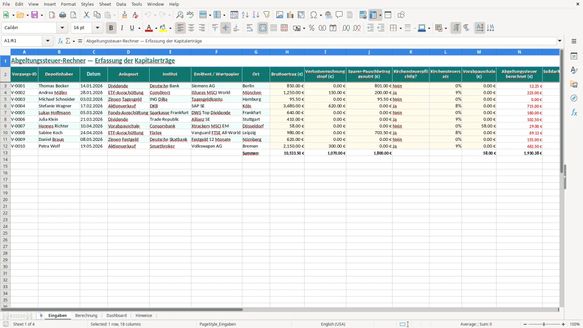 Captura de tela 1: Aba Eingaben - Planilha Excel abgeltungssteuer rechner excel