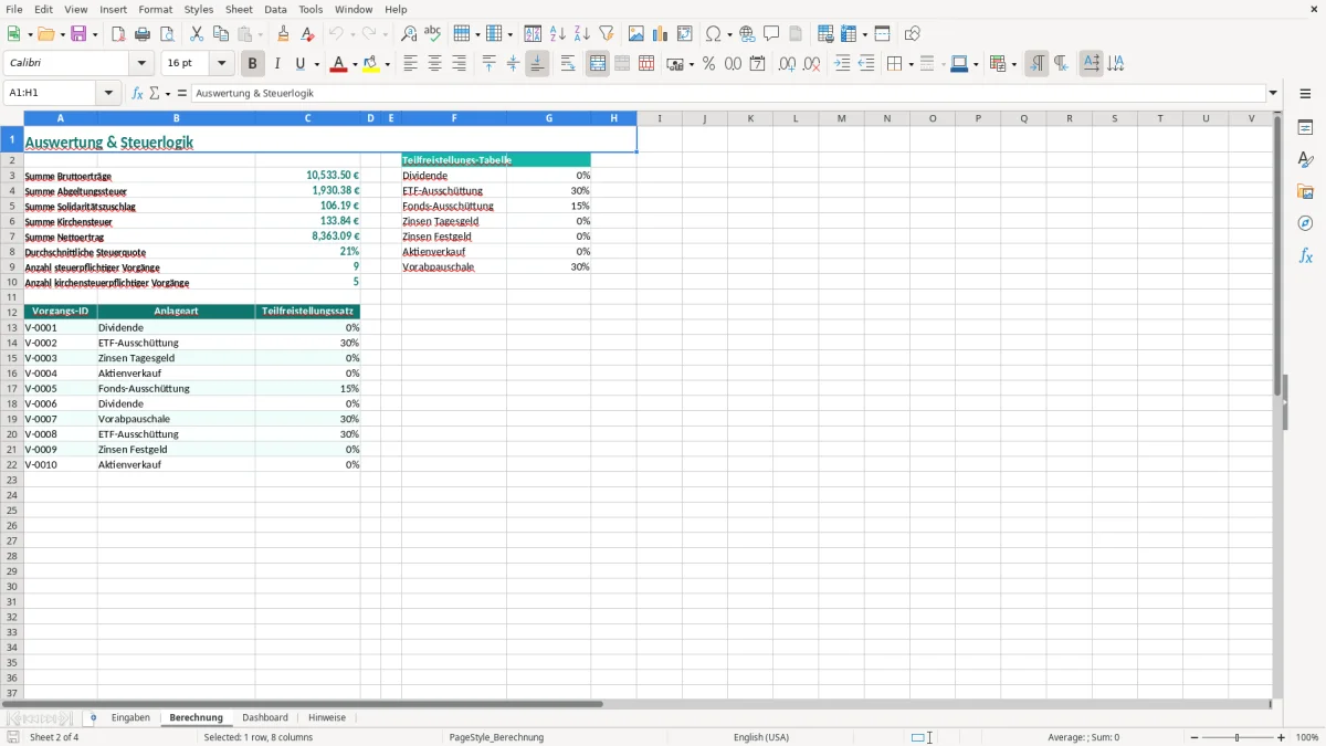 Captura de tela 2: Aba Berechnung - Planilha Excel abgeltungssteuer rechner excel