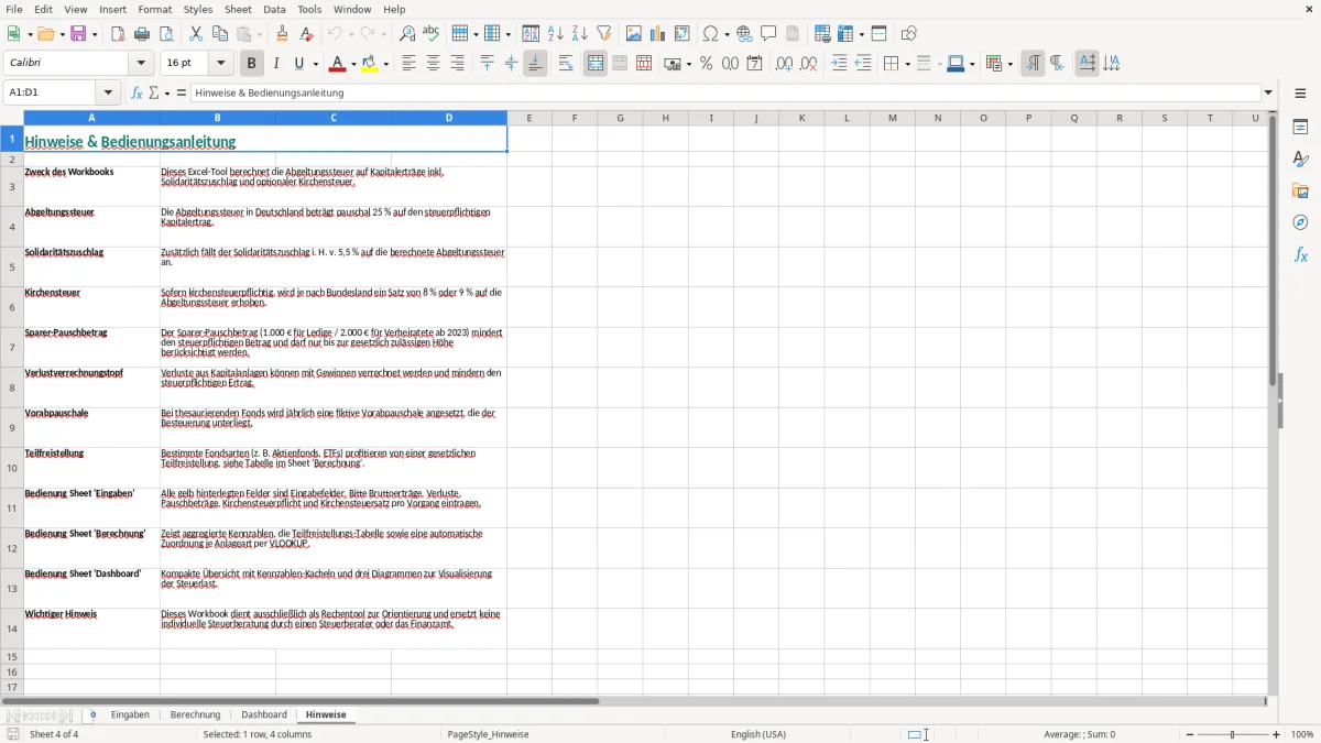 Captura de tela 4: Aba Hinweise - Planilha Excel abgeltungssteuer rechner excel