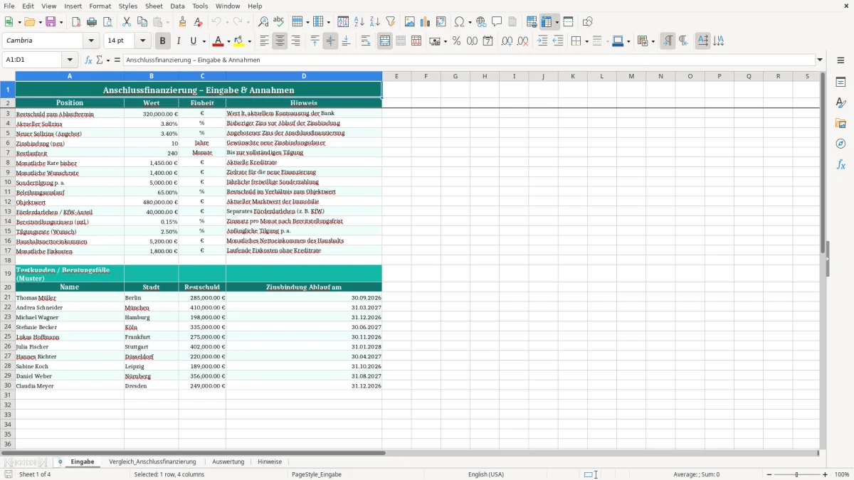 Captura de tela 1: Aba Eingabe - Planilha Excel anschlussfinanzierung excel