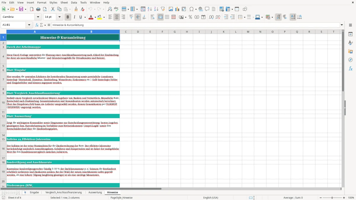 Captura de tela 4: Aba Hinweise - Planilha Excel anschlussfinanzierung excel