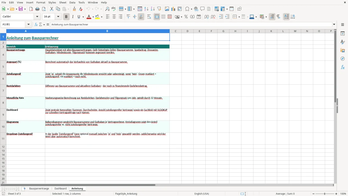 Captura de tela 3: Aba Anleitung - Planilha Excel bauspar rechner excel