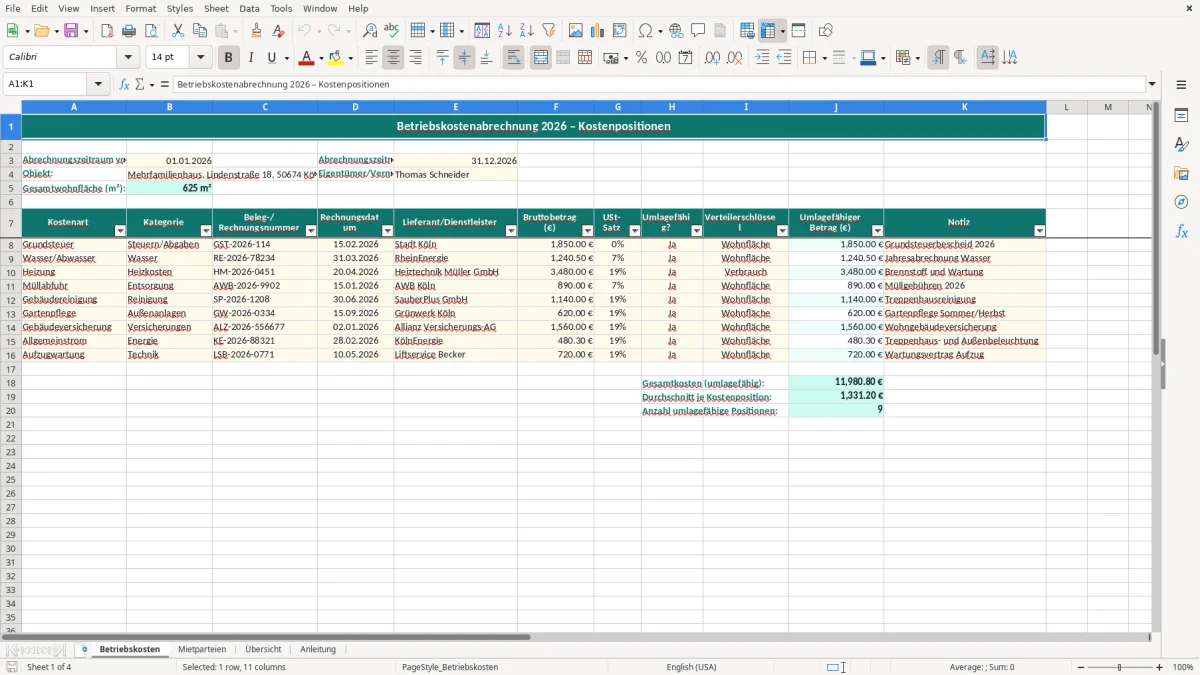 Captura de tela 1: Aba Betriebskosten - Planilha Excel betriebskostenabrechnung excel