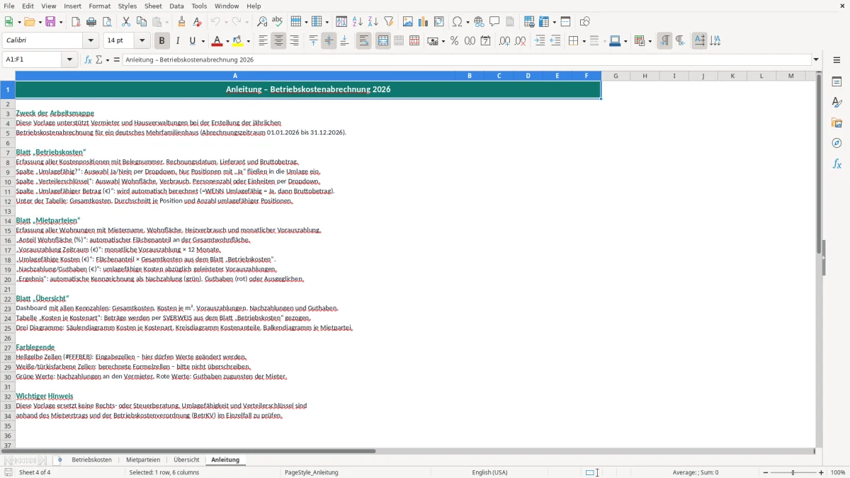 Captura de tela 4: Aba Anleitung - Planilha Excel betriebskostenabrechnung excel