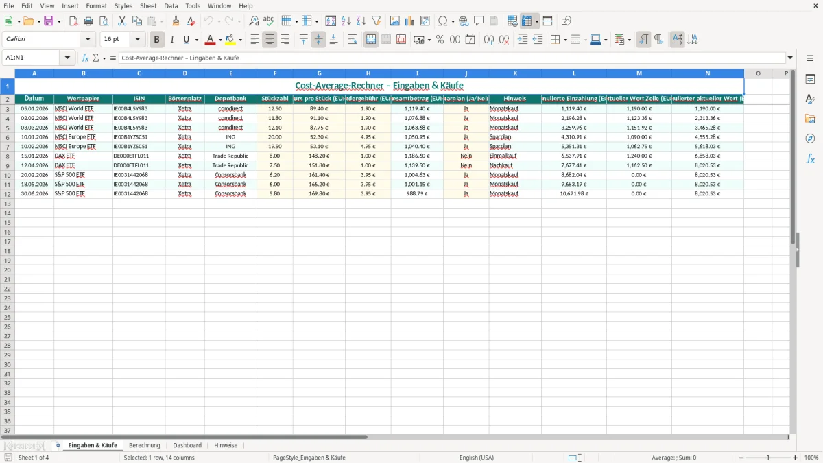 Captura de tela 1: Aba Eingaben & Käufe - Planilha Excel cost average rechner excel
