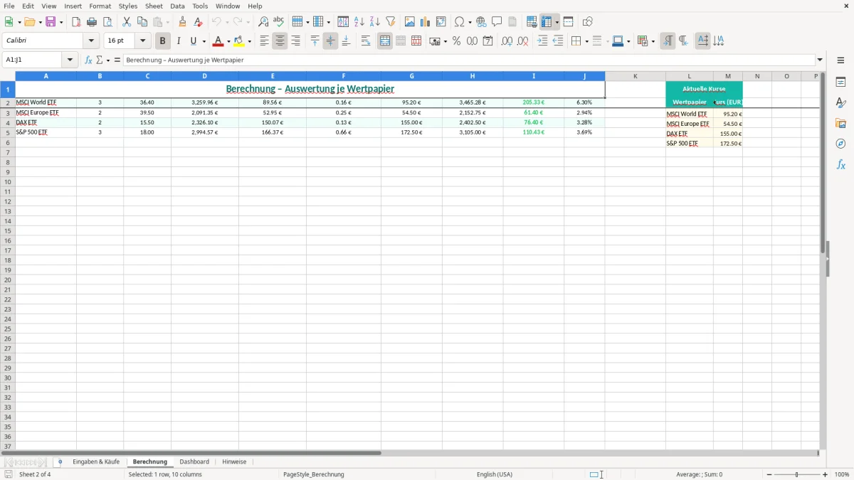 Captura de tela 2: Aba Berechnung - Planilha Excel cost average rechner excel