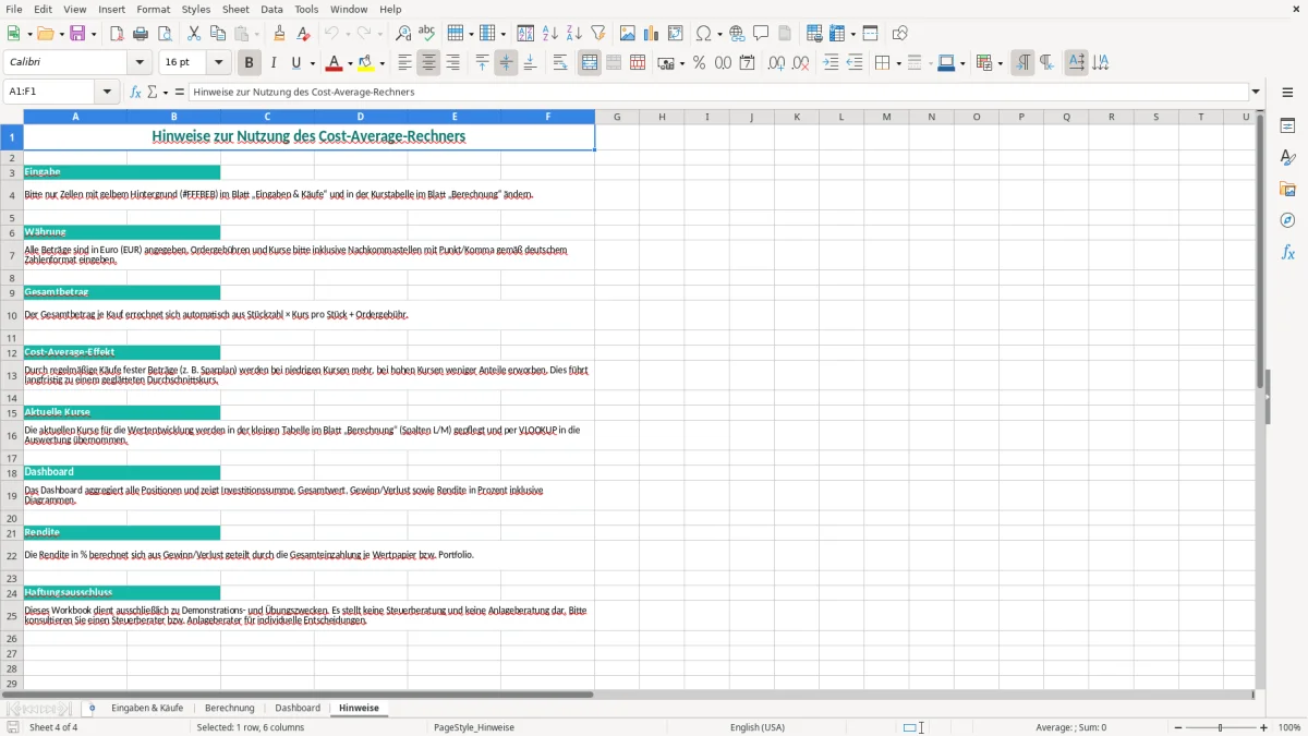 Captura de tela 4: Aba Hinweise - Planilha Excel cost average rechner excel