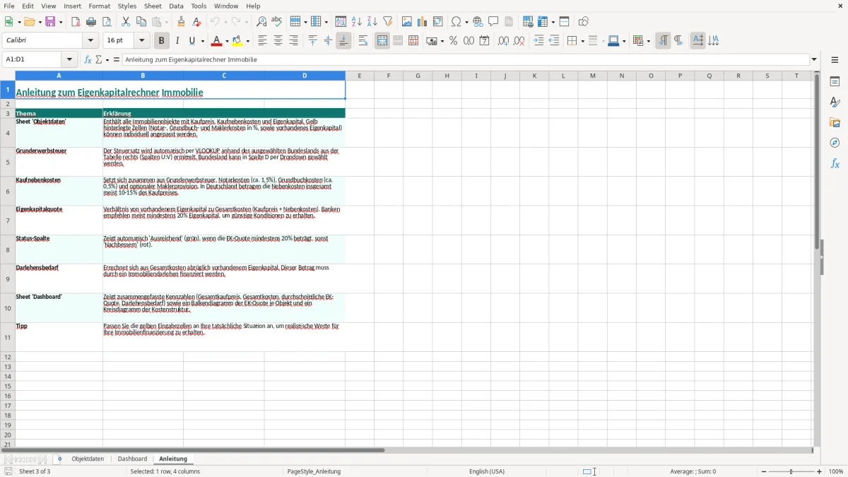 Captura de tela 3: Aba Anleitung - Planilha Excel eigenkapital rechner immobilie excel