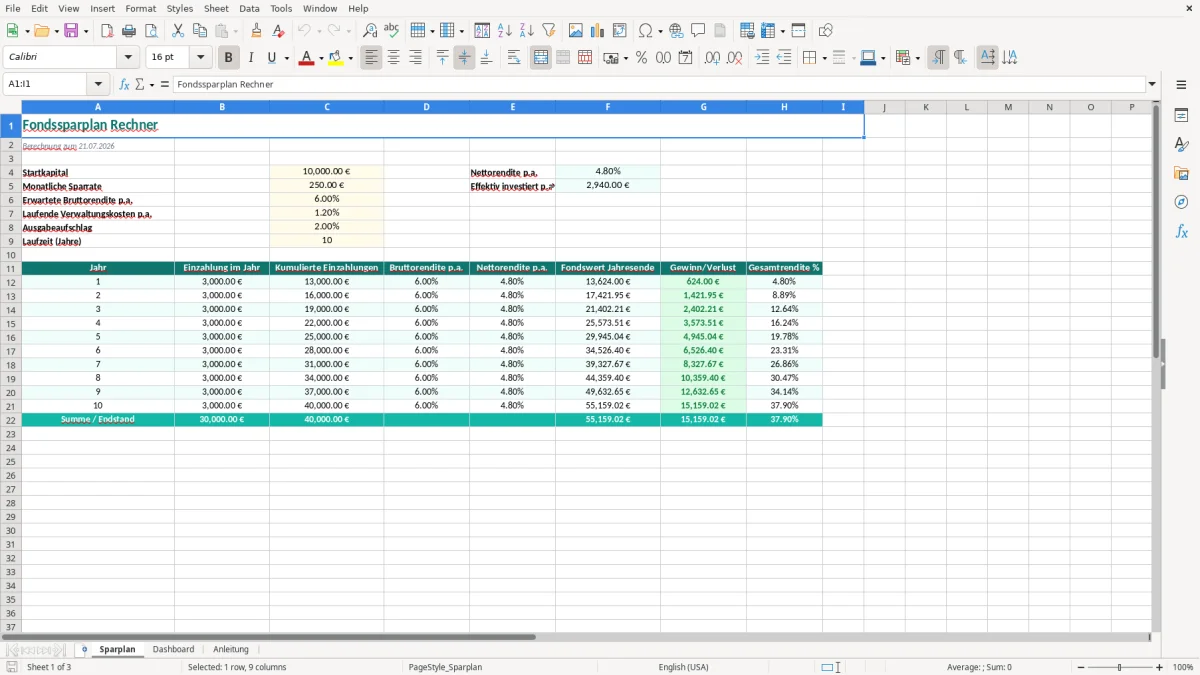 Captura de tela 1: Aba Sparplan - Planilha Excel fondssparplan rechner excel