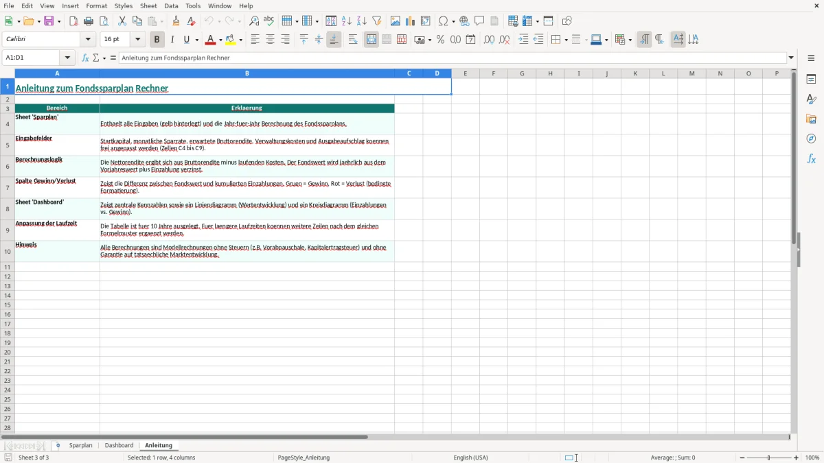 Captura de tela 3: Aba Anleitung - Planilha Excel fondssparplan rechner excel
