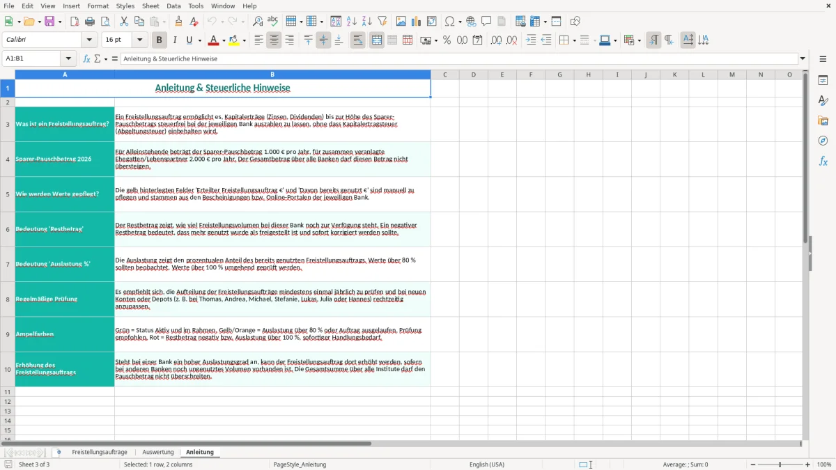 Captura de tela 3: Aba Anleitung - Planilha Excel freistellungsauftrag übersicht excel