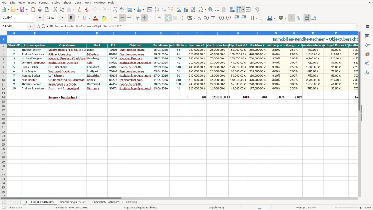 Captura de tela 1: Aba Eingabe & Objekte - Planilha Excel immobilien rendite rechner excel