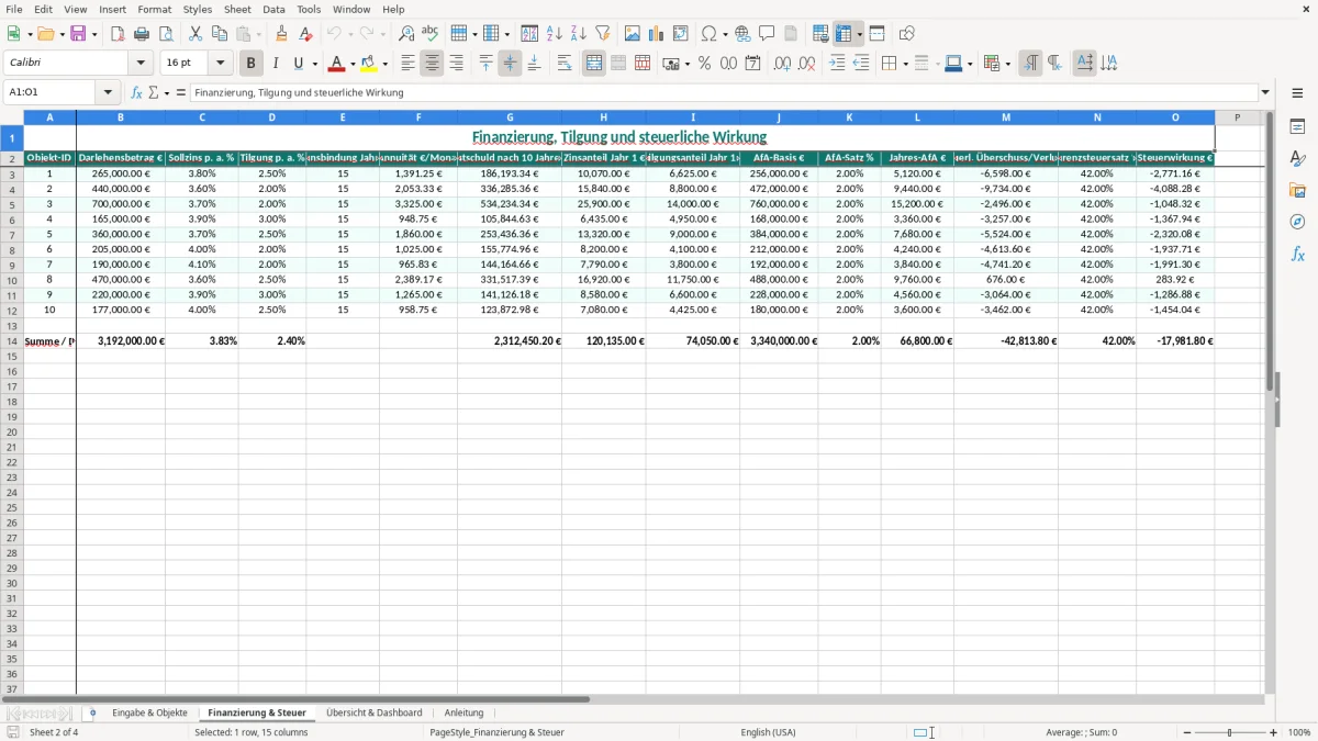 Captura de tela 2: Aba Finanzierung & Steuer - Planilha Excel immobilien rendite rechner excel