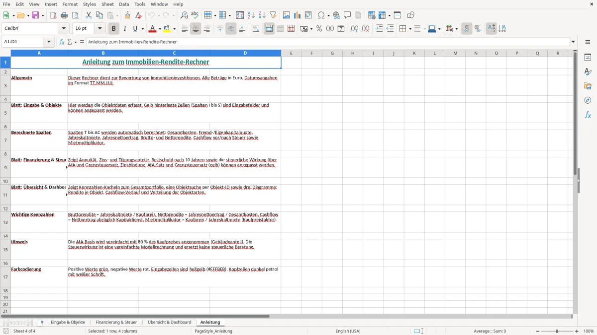 Captura de tela 4: Aba Anleitung - Planilha Excel immobilien rendite rechner excel