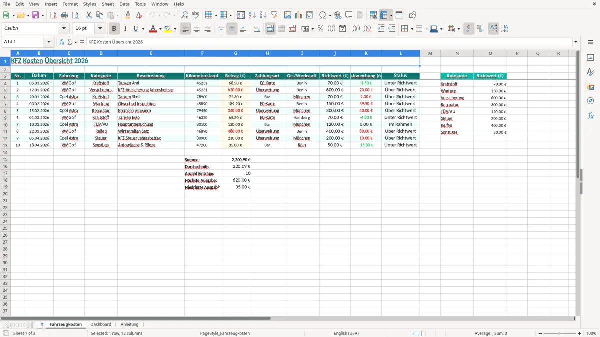 Captura de tela 1: Aba Fahrzeugkosten - Planilha Excel kfz kosten excel vorlage