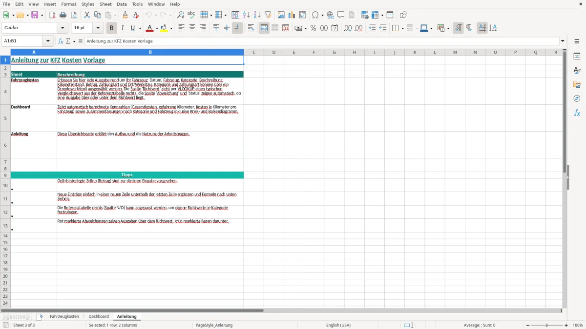 Captura de tela 3: Aba Anleitung - Planilha Excel kfz kosten excel vorlage