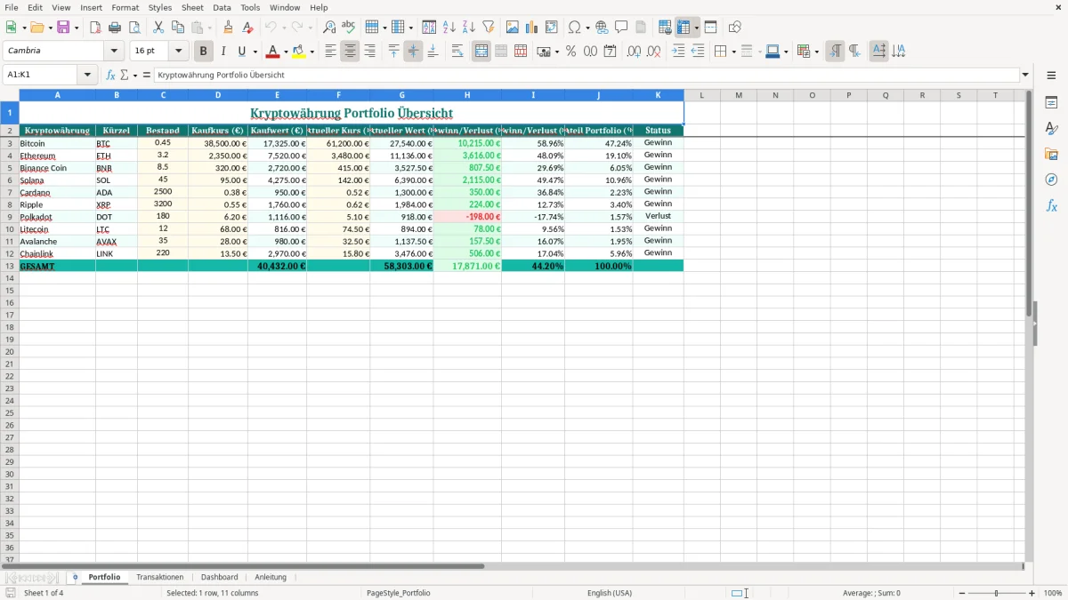 Captura de tela 1: Aba Portfolio - Planilha Excel kryptowährung portfolio excel