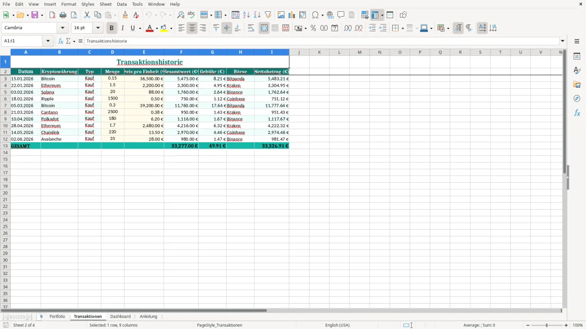 Captura de tela 2: Aba Transaktionen - Planilha Excel kryptowährung portfolio excel