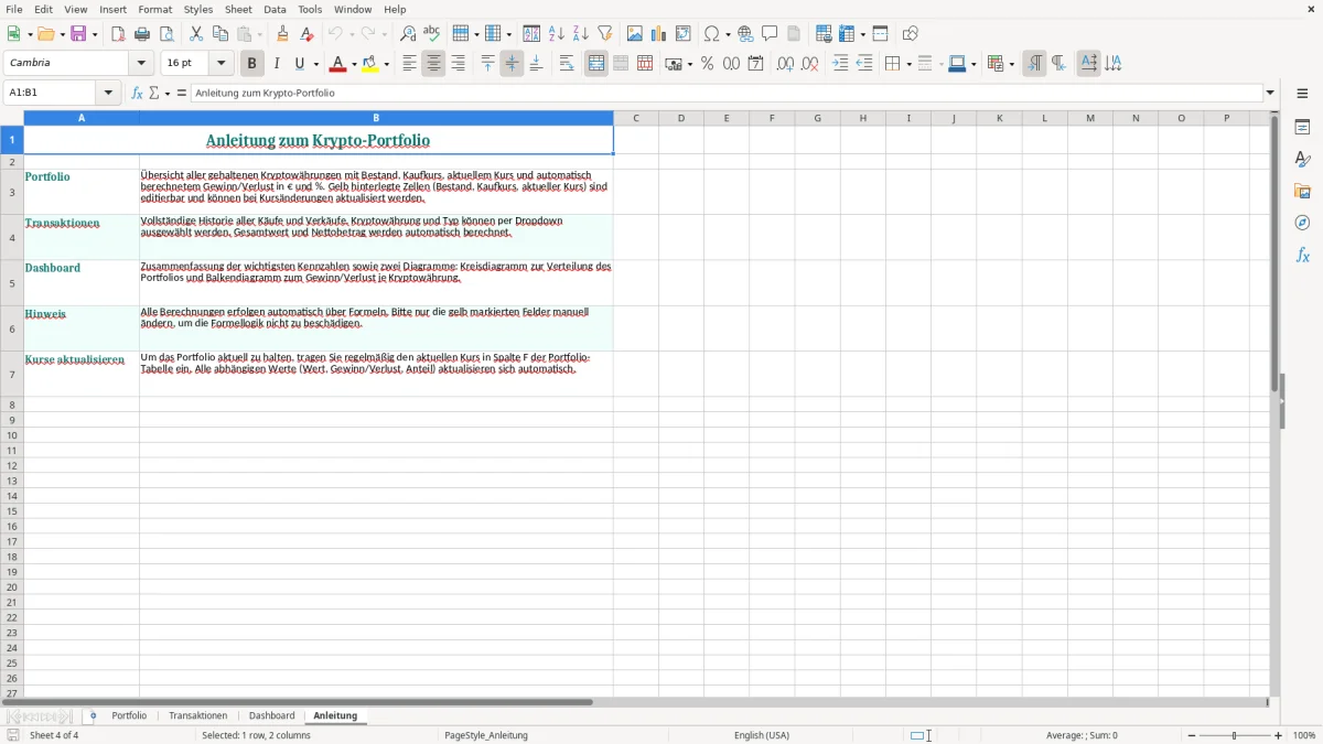 Captura de tela 4: Aba Anleitung - Planilha Excel kryptowährung portfolio excel
