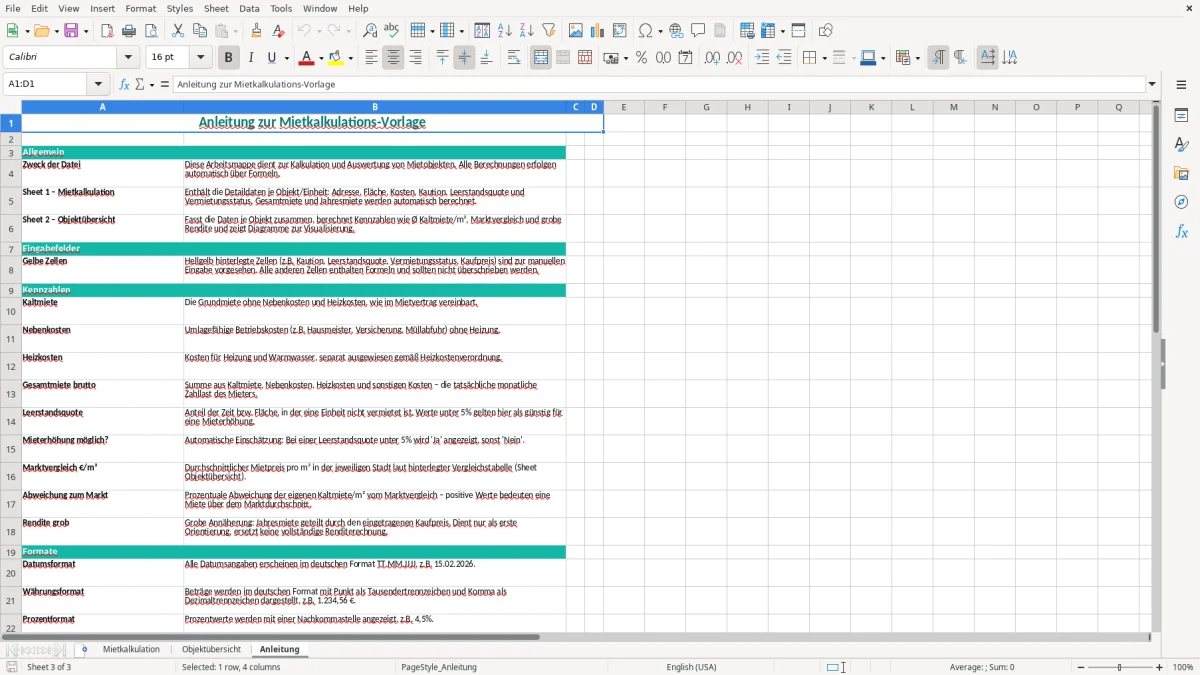Captura de tela 3: Aba Anleitung - Planilha Excel mietkalkulation excel vorlage